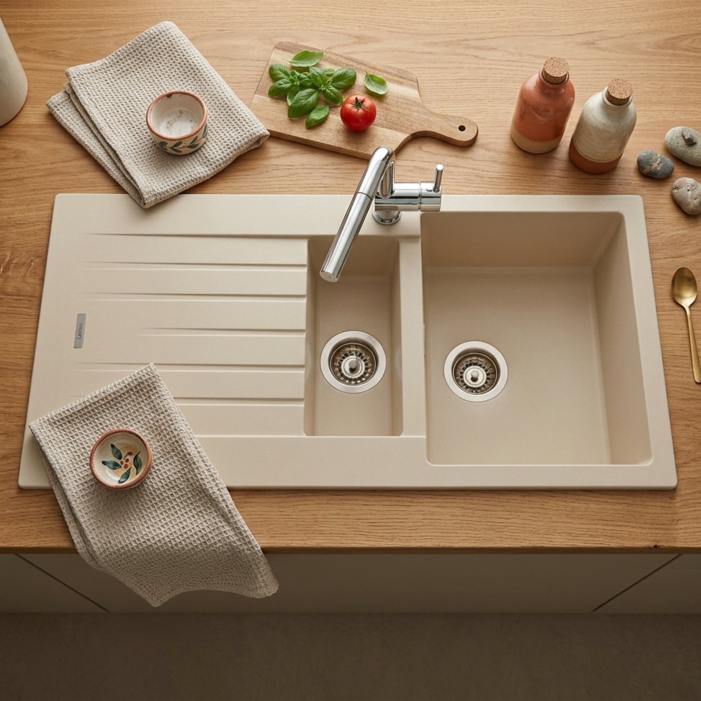 Évier granit beige ALBEY 1 bac et demi - 1 égouttoir