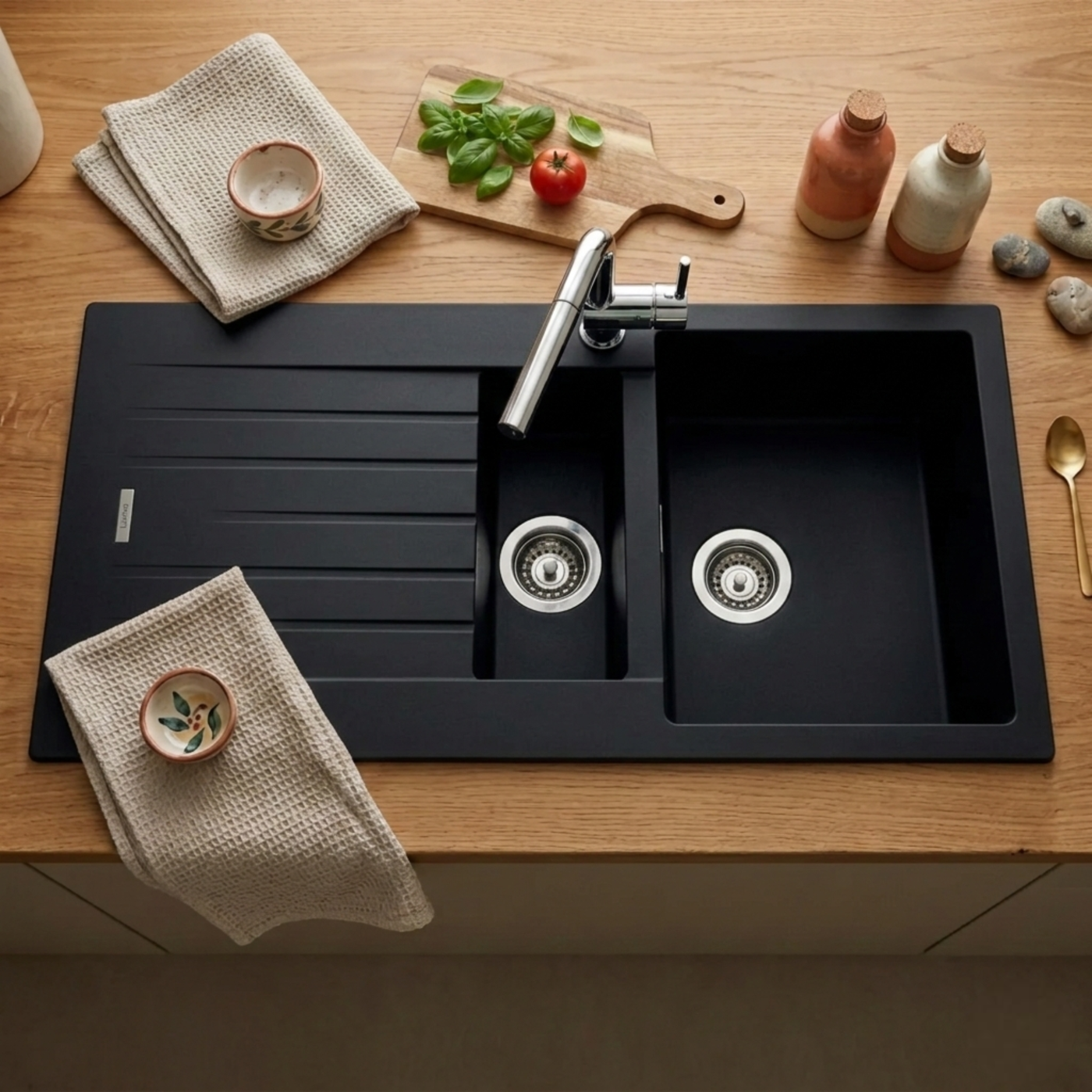 Évier granit noir ALBEY 1 bac et demi - 1 égouttoir