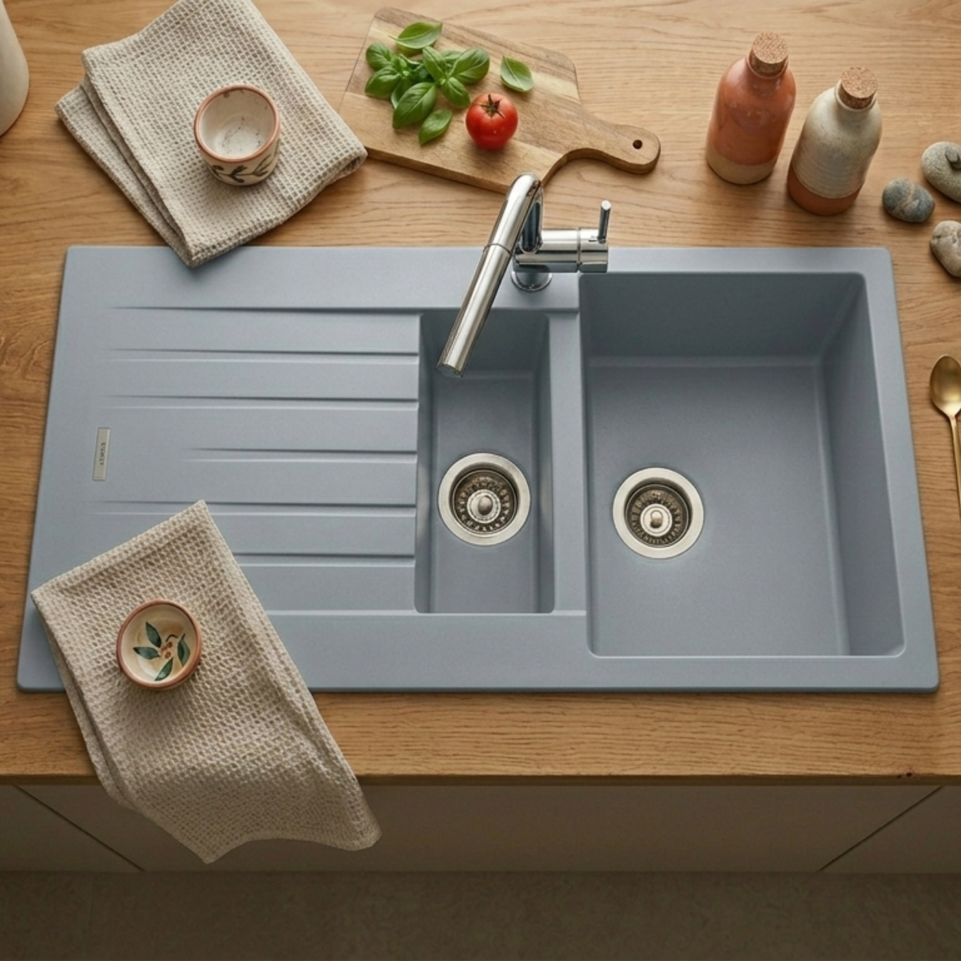 Évier granit gris ALBEY 1 bac et demi - 1 égouttoir