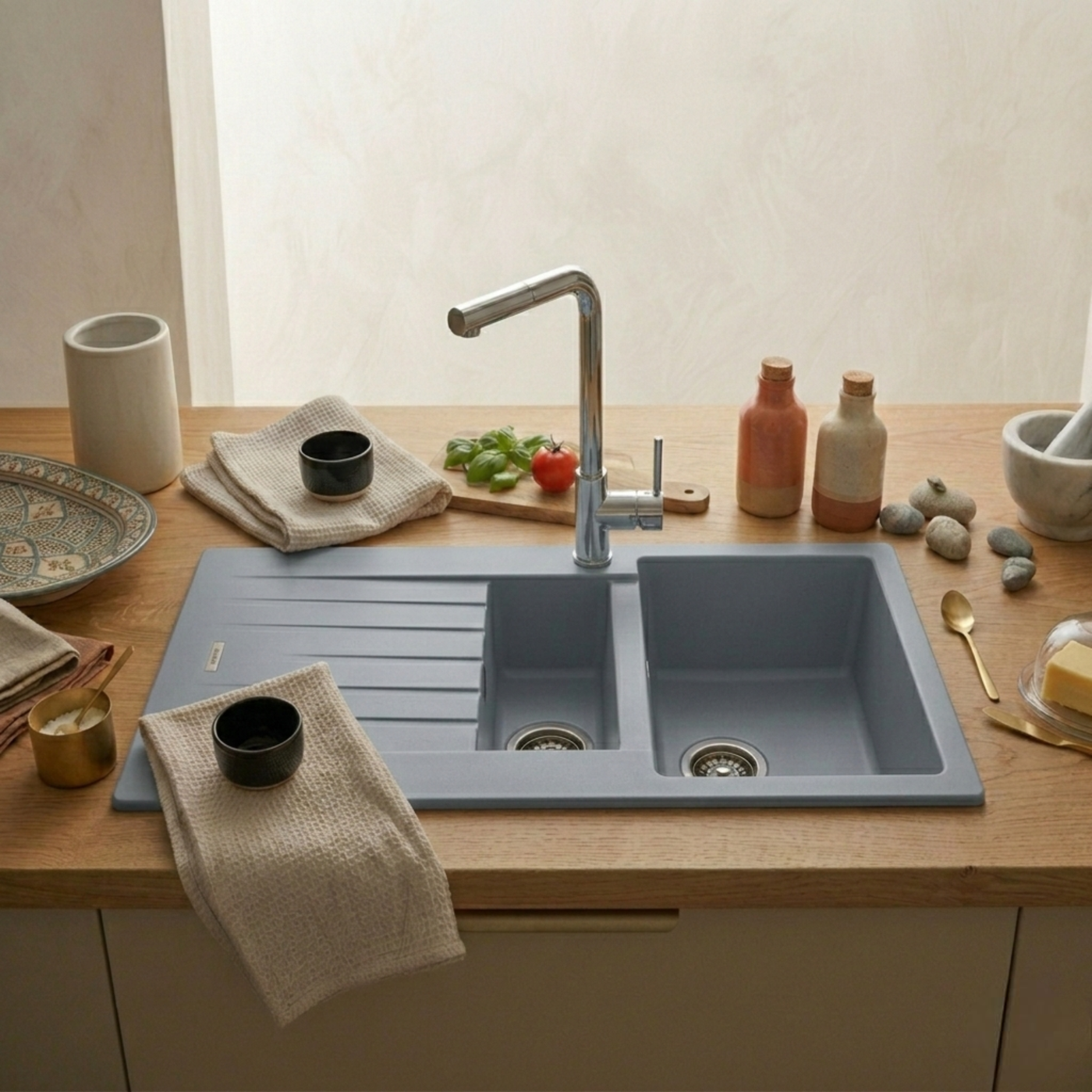 Évier granit gris ALBEY 1 bac et demi - 1 égouttoir