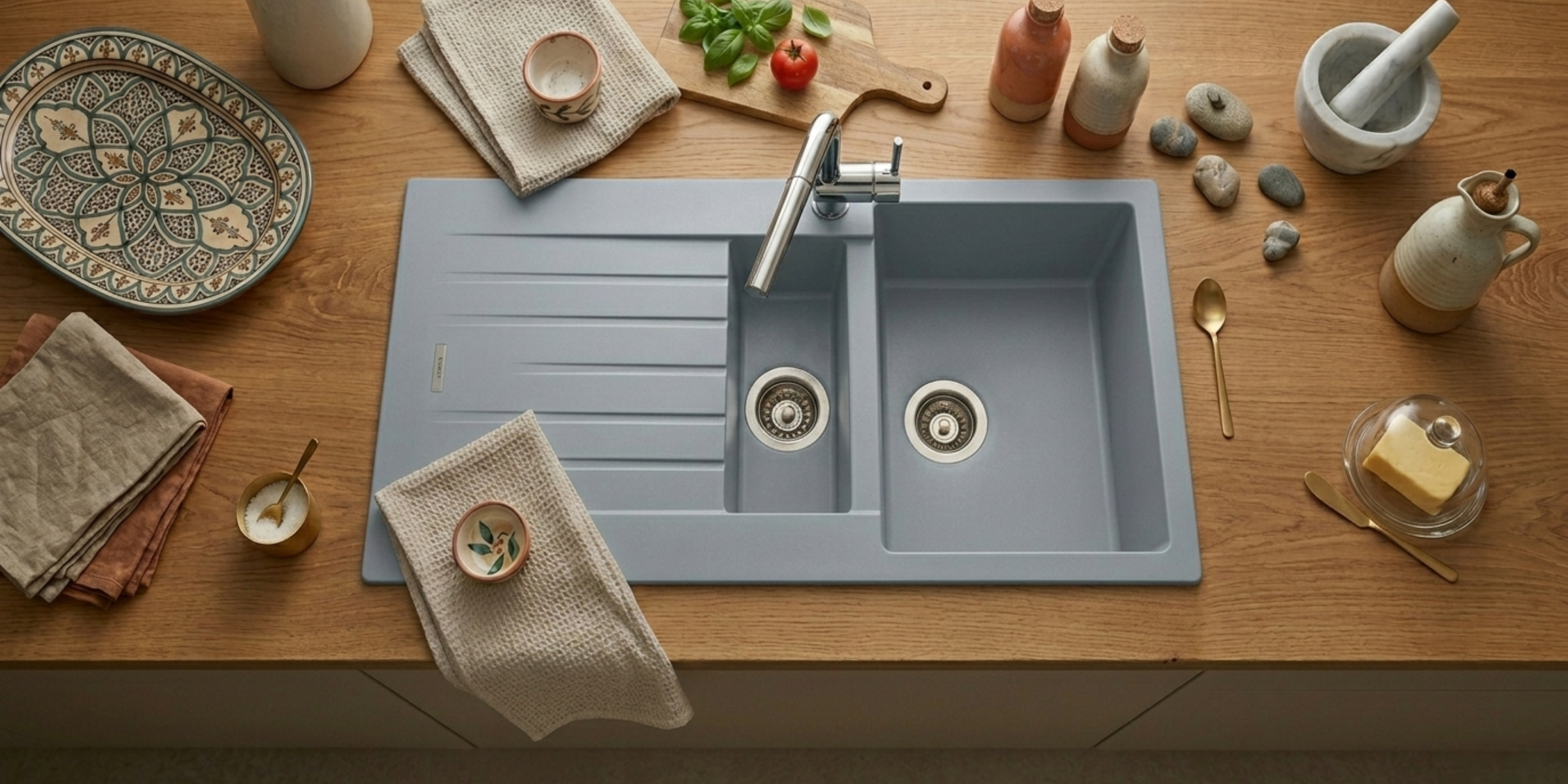 Évier granit gris ALBEY 1 bac et demi, une teinte minérale élégante et un égouttoir pratique pour faciliter votre vaisselle.