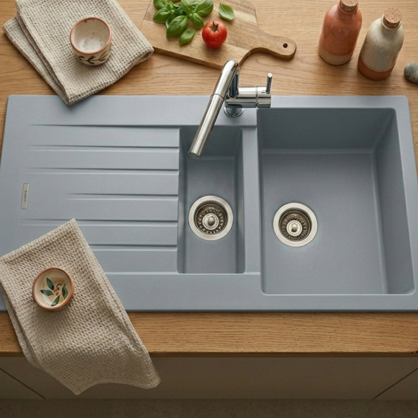 Évier granit gris ALBEY 1 bac et demi - 1 égouttoir