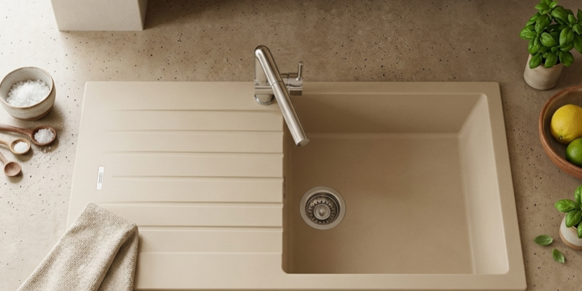 Évier granit beige ALBEY 1 grand bac - Design épuré • Cuisissimo