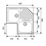 Évier d´angle inox lisse ANGIE 2 bacs 1 égouttoir