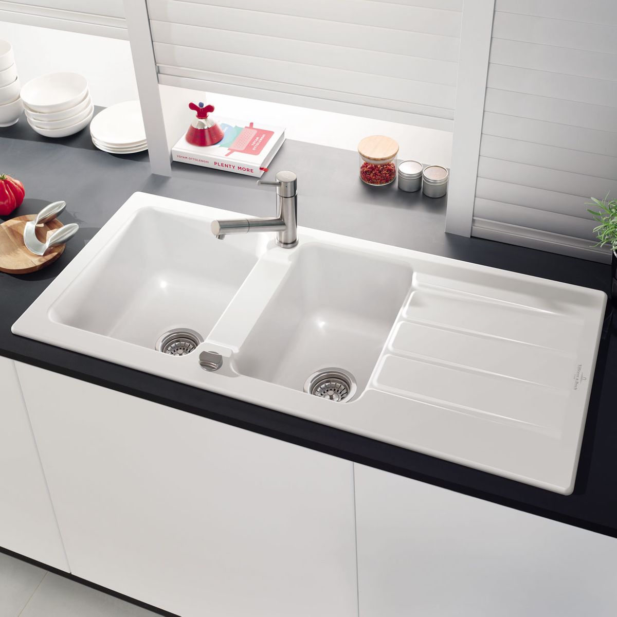 Evier céramique blanc Villeroy & Boch ARCHITECTURA 2 bacs 1 égouttoir