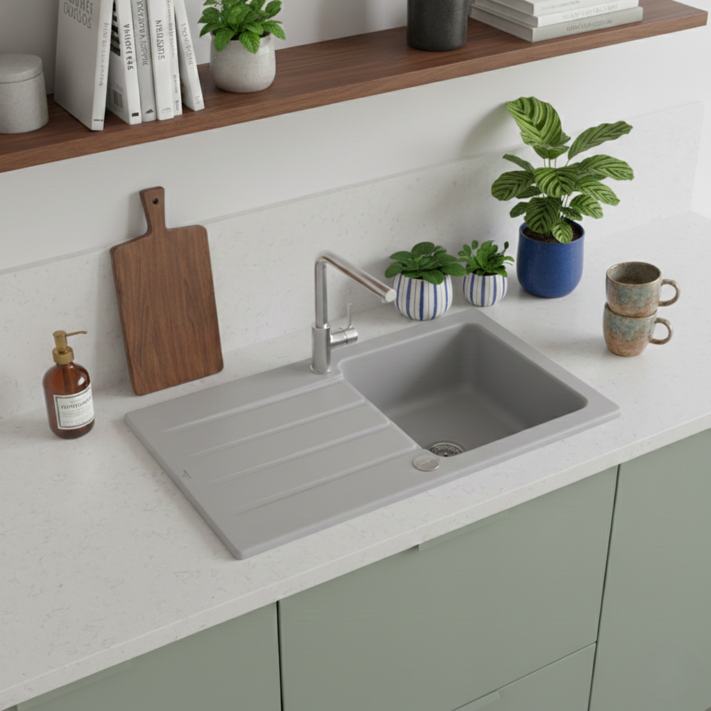 Evier céramique gris fossil Villeroy & Boch ARCHITECTURA 1 grand bac 1 égouttoir