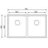 Evier inox sous-plan MAX 2 bacs 750x440