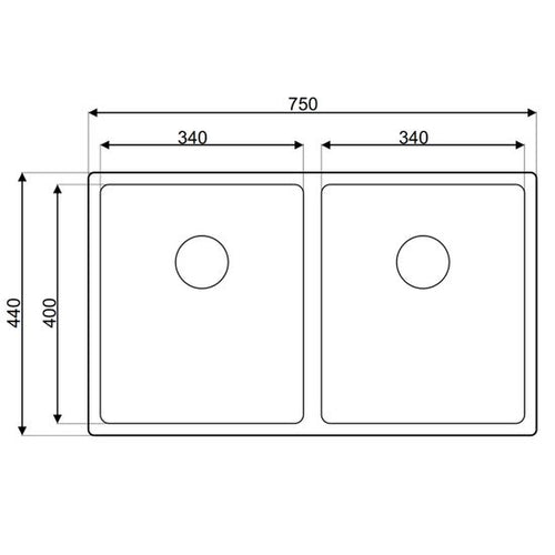 Evier inox sous-plan MAX 2 bacs 750x440