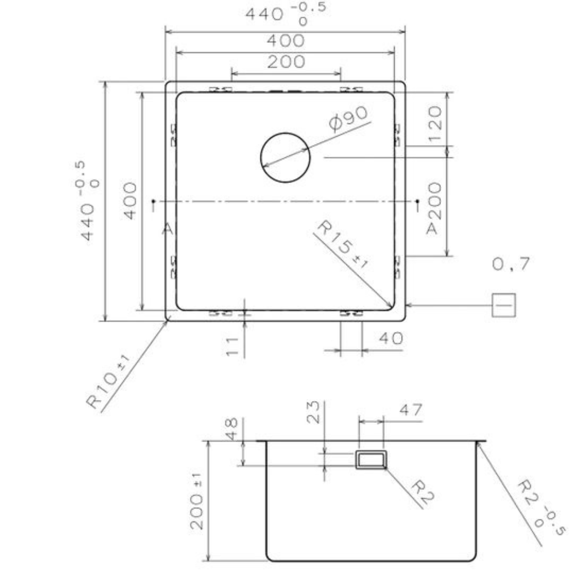 Evier inox sous-plan SUZON 1 bac 440x440