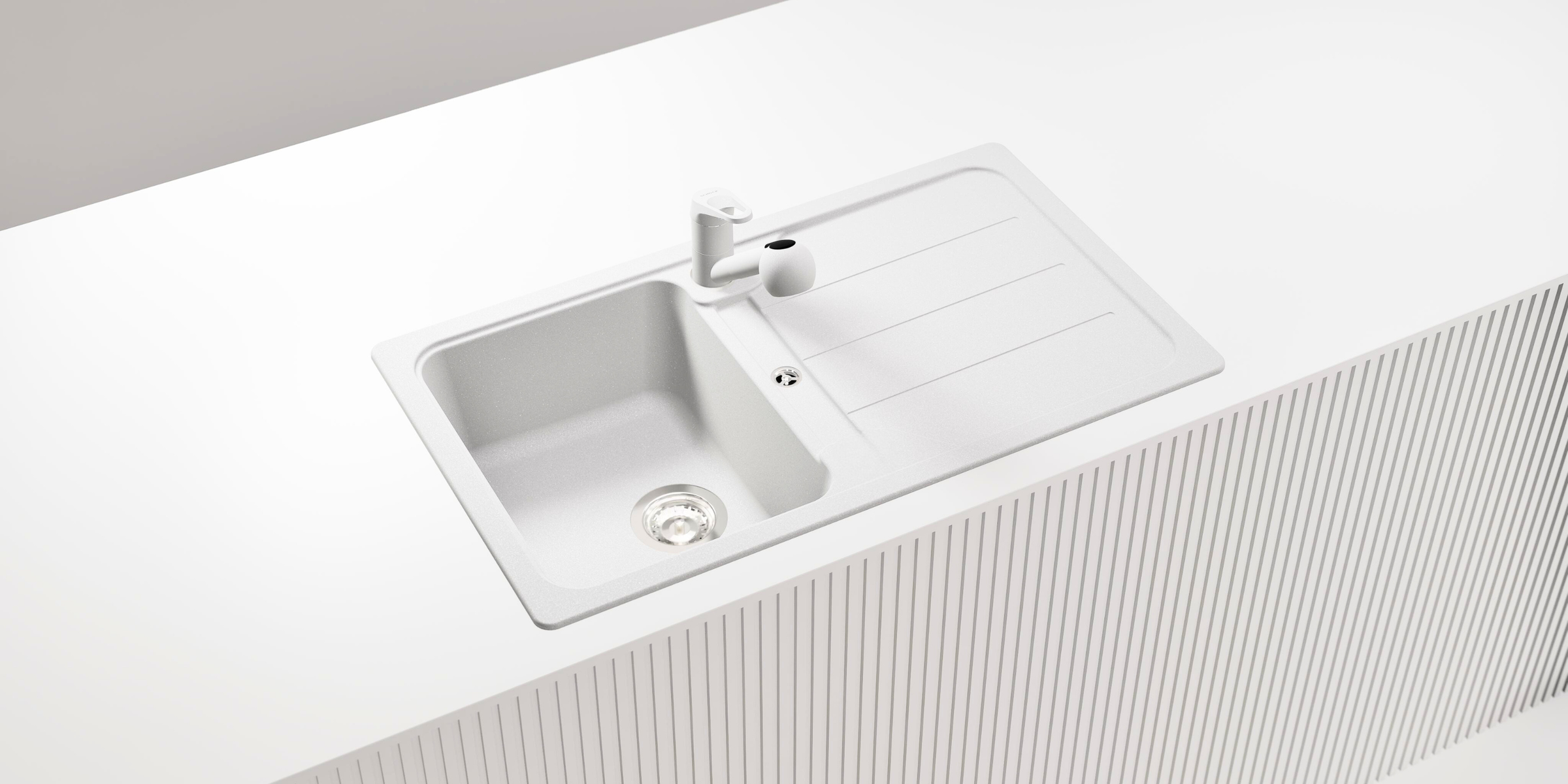 Évier granit blanc Schock FORMHAUS 1 bac 1 égouttoir, idéal pour cuisine contemporaine lumineuse, style architectural.