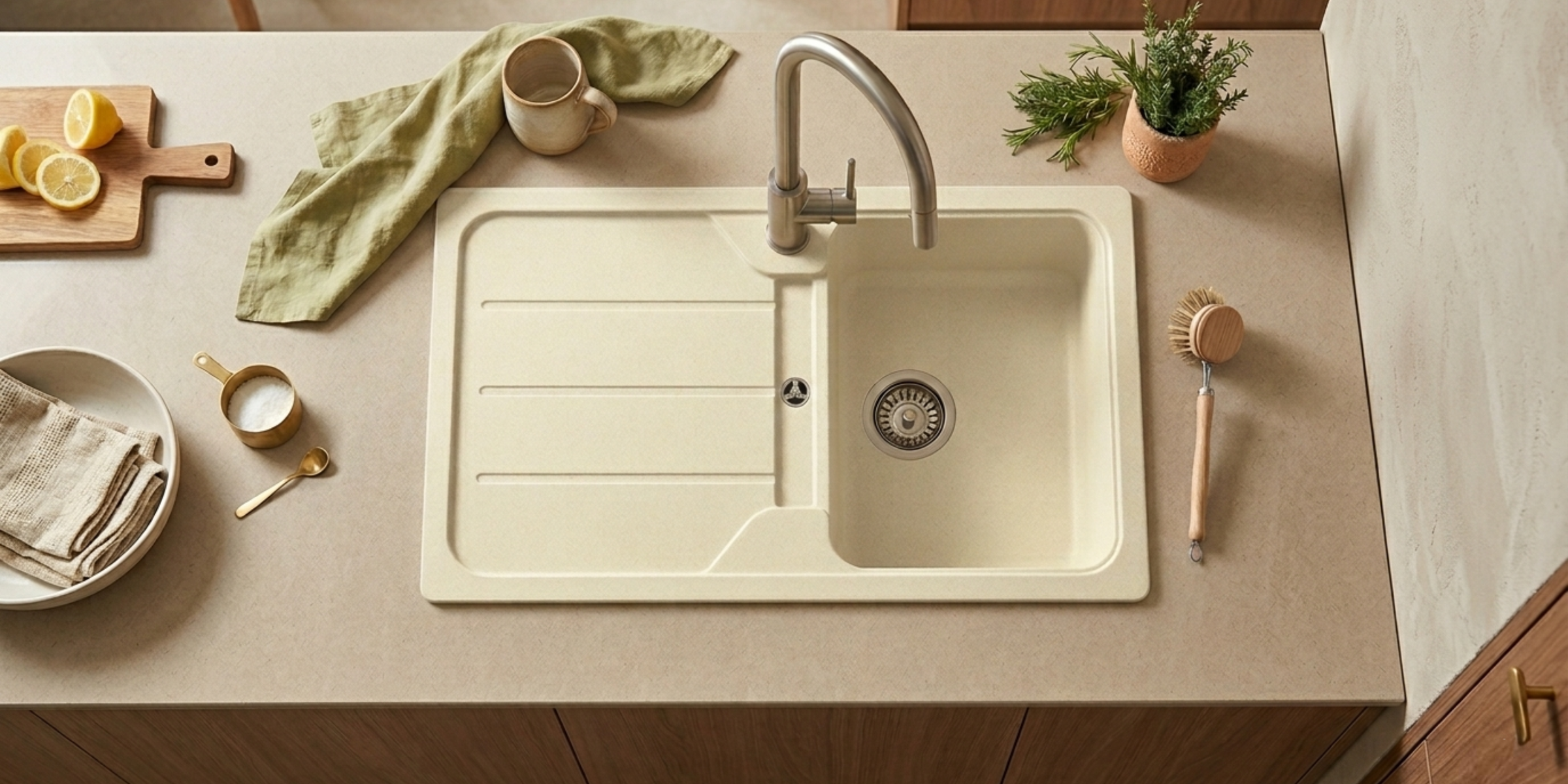 Évier granit beige vanille Schock FORMHAUS 1 bac 1 égouttoir, format compact idéal pour les petits espaces de cuisine.
