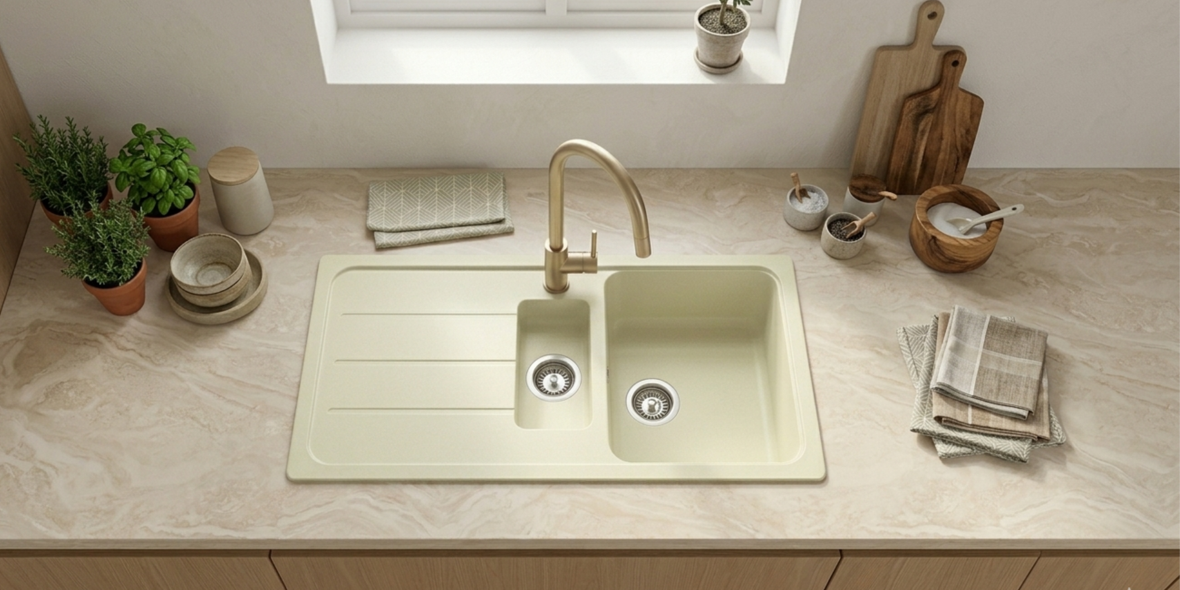 Évier granit beige vanille Schock FORMHAUS 1 bac et demi - 1 égouttoir, matériau robuste au coloris minéral très apaisant.