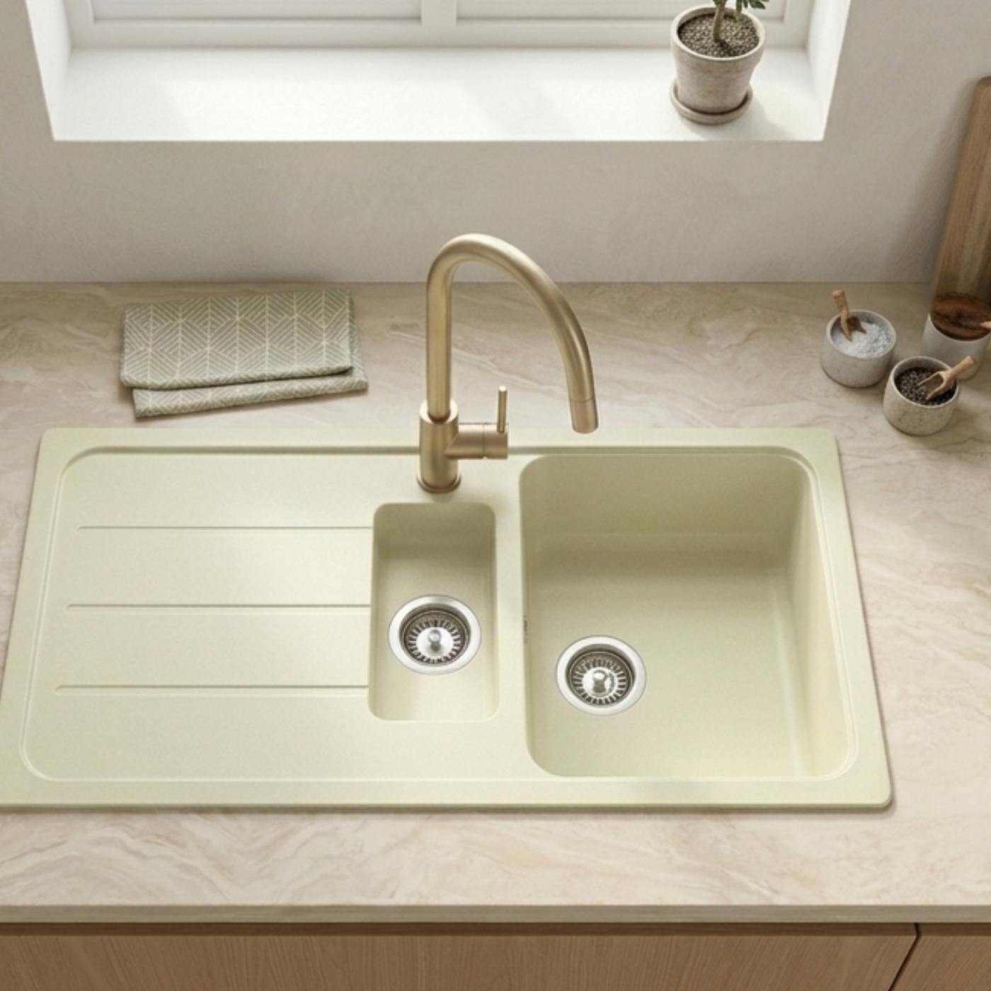 Évier granit beige vanille Schock FORMHAUS 1 bac et demi - 1 égouttoir