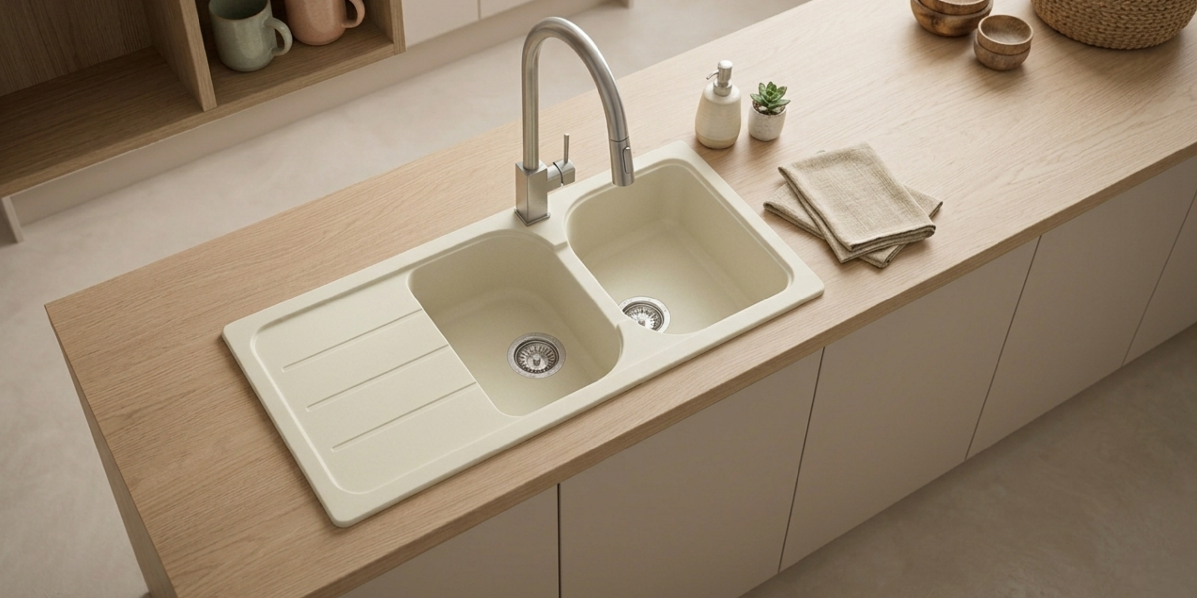 Évier granit beige vanille Schock FORMHAUS 2 bacs 1 égouttoir, coloris doux et grande résistance aux chocs du quotidien.