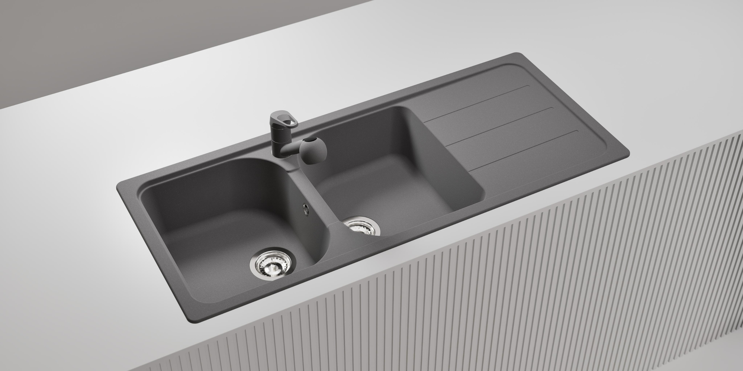 Évier granit Schock FORMHAUS gris 2 bacs avec égouttoir, surface résistante et fonctionnelle pour un usage quotidien.