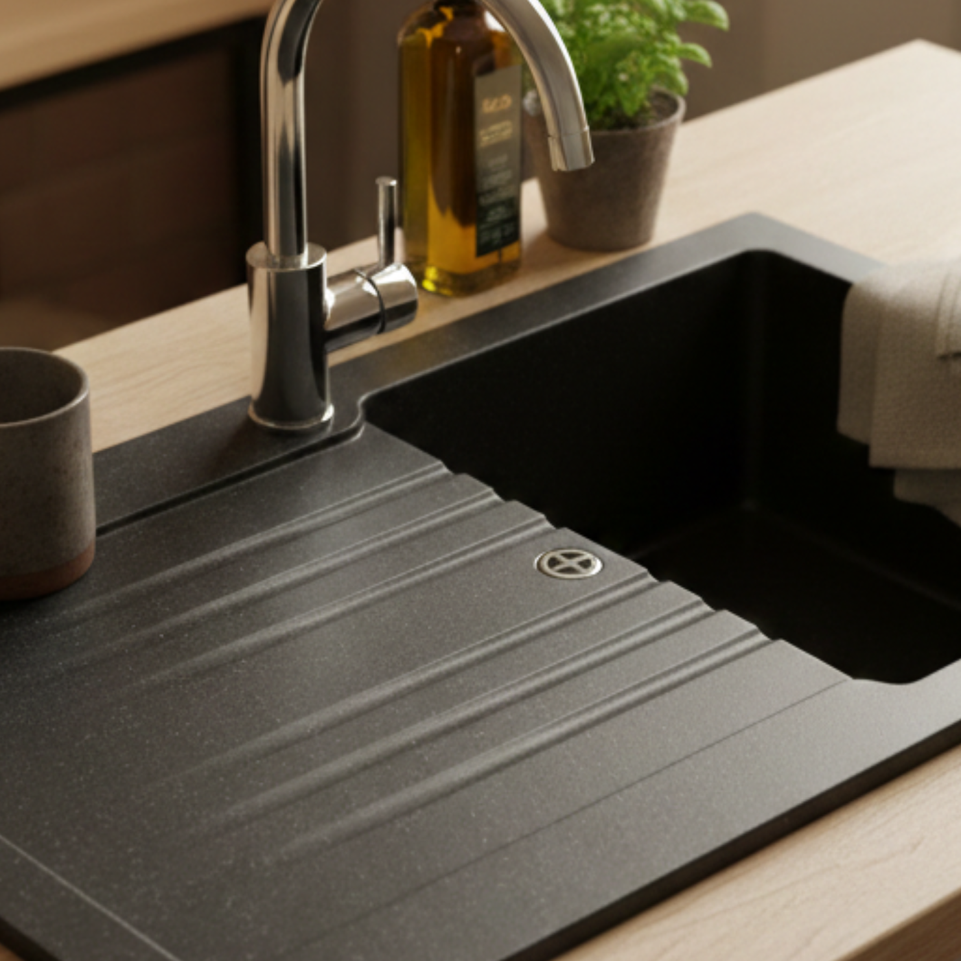 Évier résine noir moucheté BRIVA 1 bac 1 égouttoir