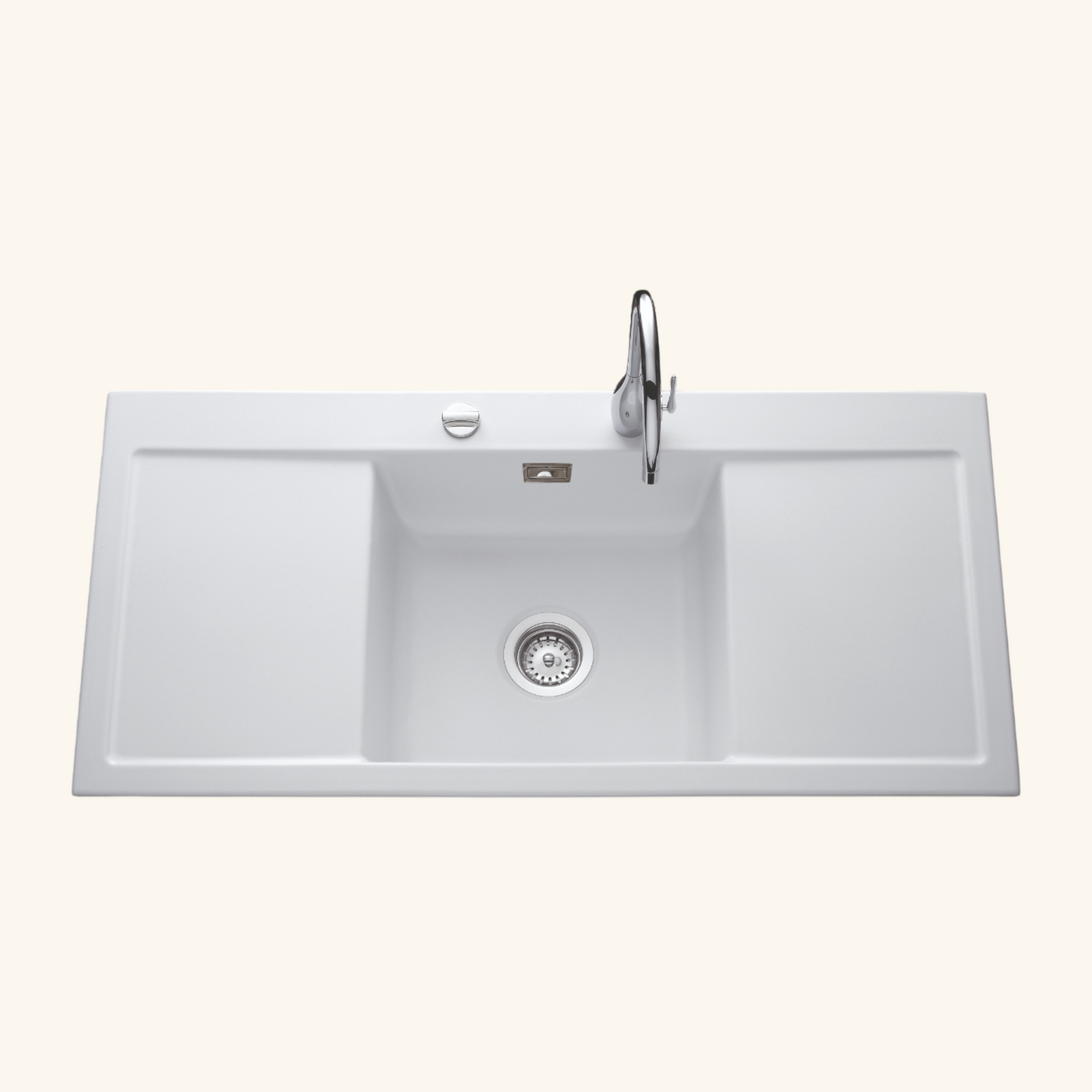 Evier céramique blanc mat Systemceram CLEYA 1 grand bac 2 égouttoirs