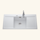 Evier céramique blanc mat Systemceram CLEYA 1 grand bac 2 égouttoirs