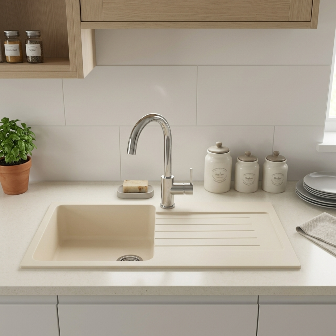 Évier granit beige Luisina DOLCE 1 grand bac 1 égouttoir