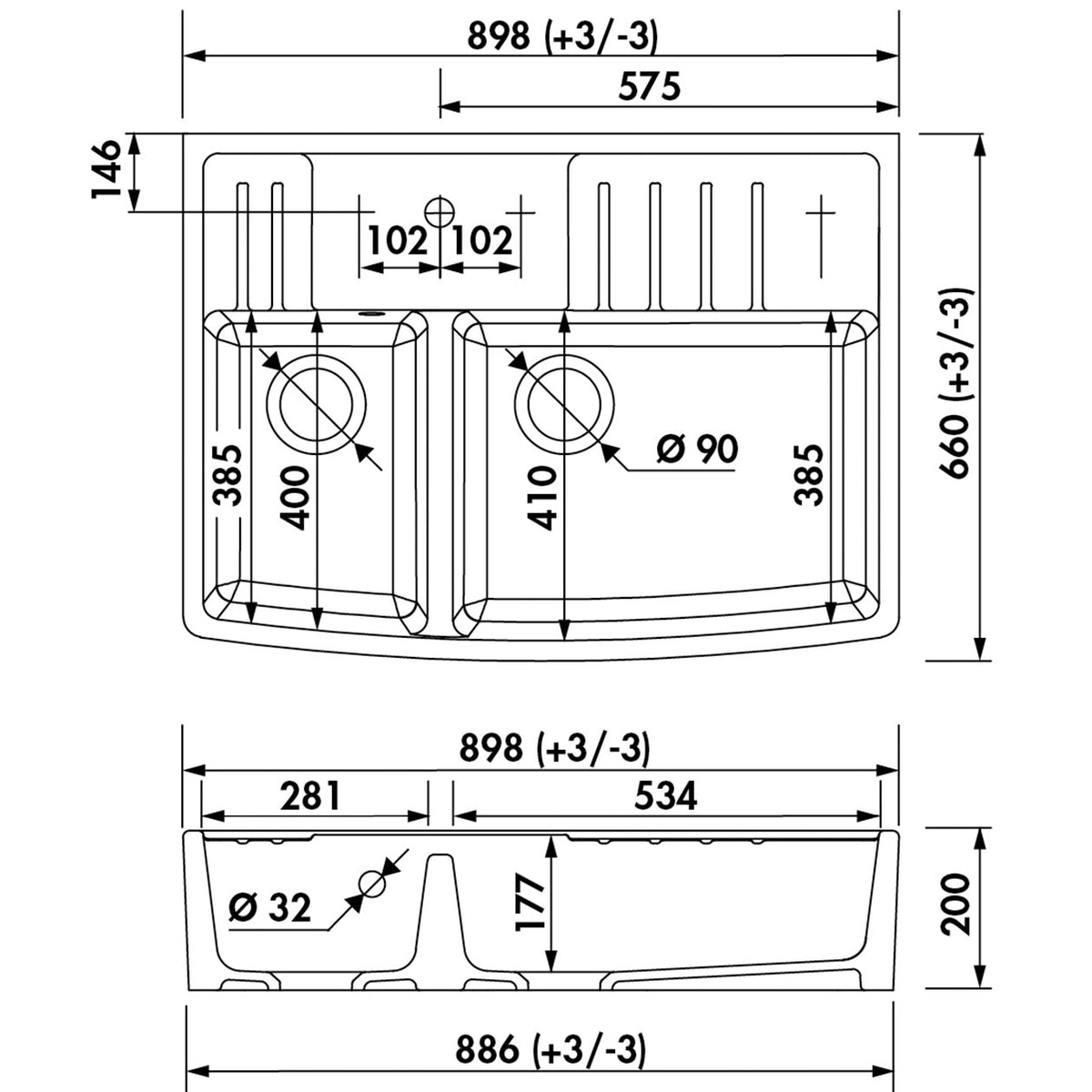 Évier timbre d´office céramique blanc EKIO NEWCO 2 bacs