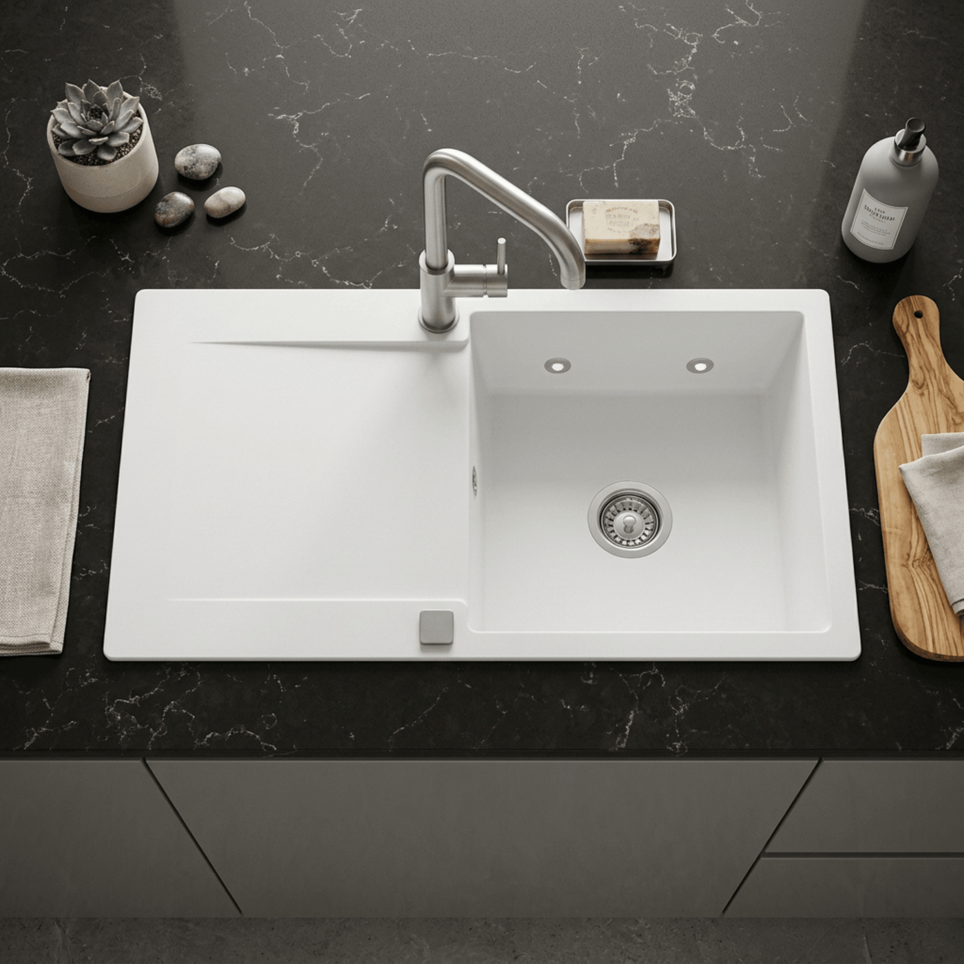 Évier granit blanc Luisina EPURE 1 grand bac 1 égouttoir avec leds