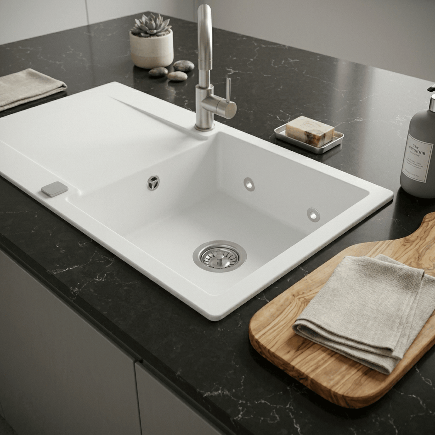 Évier granit blanc Luisina EPURE 1 grand bac 1 égouttoir avec leds