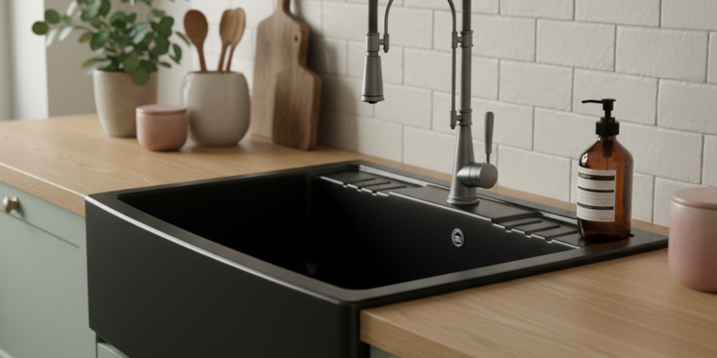 Évier timbre d'office granit noir FOCA 1 bac, cuve profonde et matériau résistant pour un style affirmé et durable.