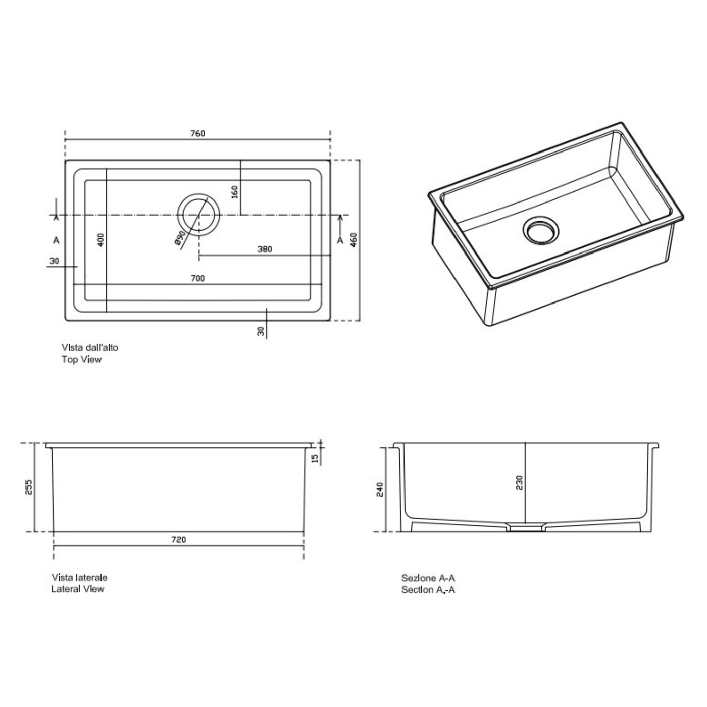 Évier céramique noir FELIX 1 bac 760x460 mm - sans trop plein