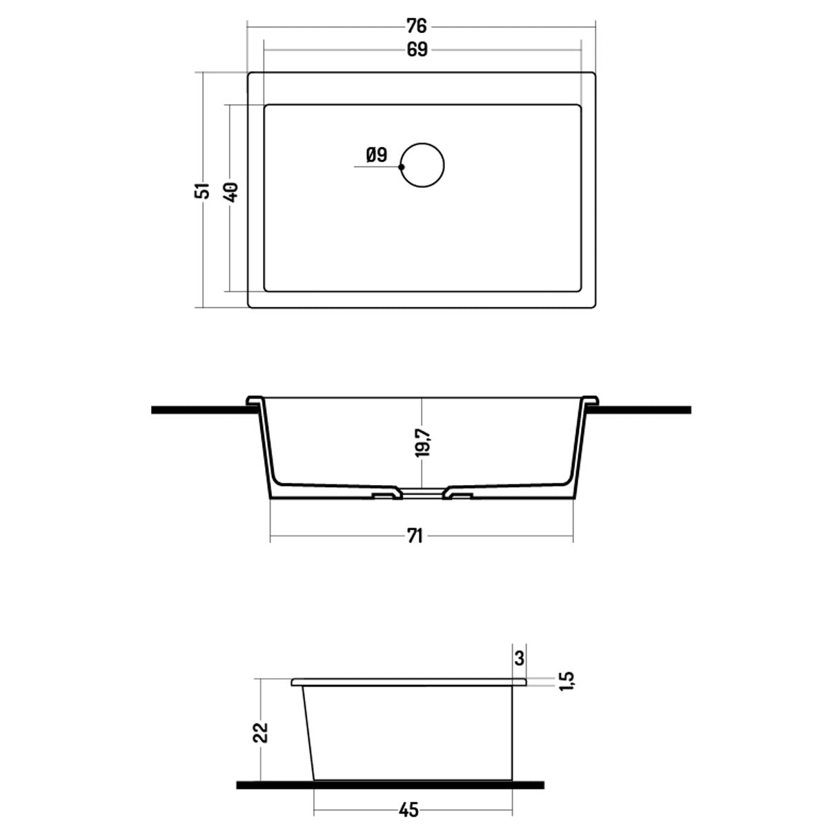 Évier céramique blanc FELIX 1 bac 760x510 mm