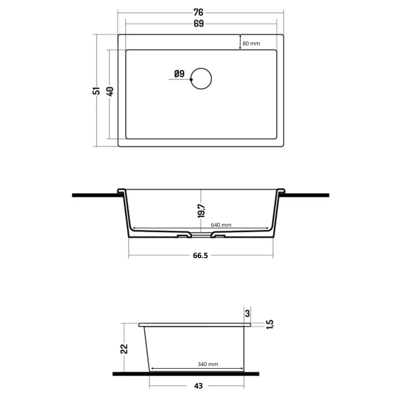 Évier céramique blanc FELIX 1 bac 760x510 mm