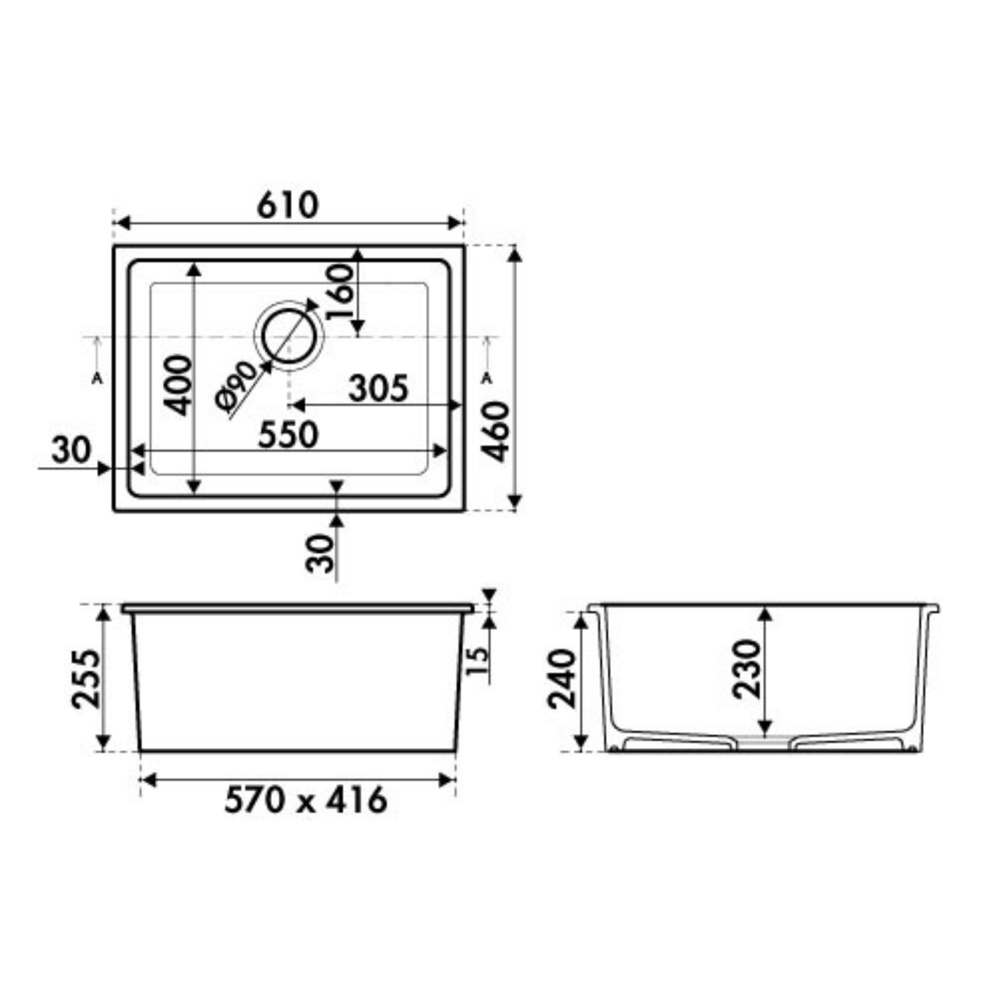 Évier céramique noir mat FELIX 1 bac 610x460 mm - sans trop plein