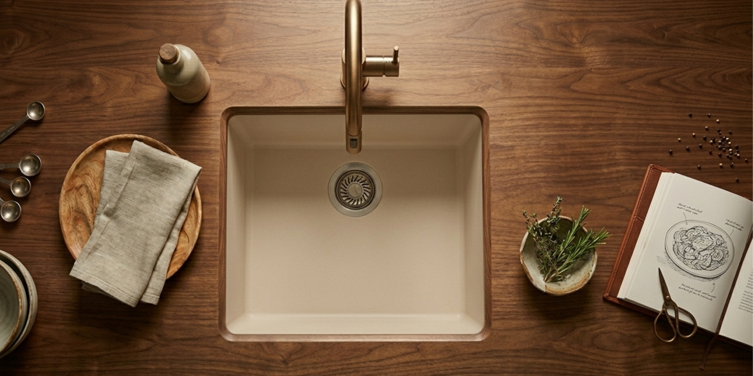 Évier sous-plan granit beige Luisina HARMONIE, une cuve discrète et robuste pour une intégration parfaite au plan de travail.