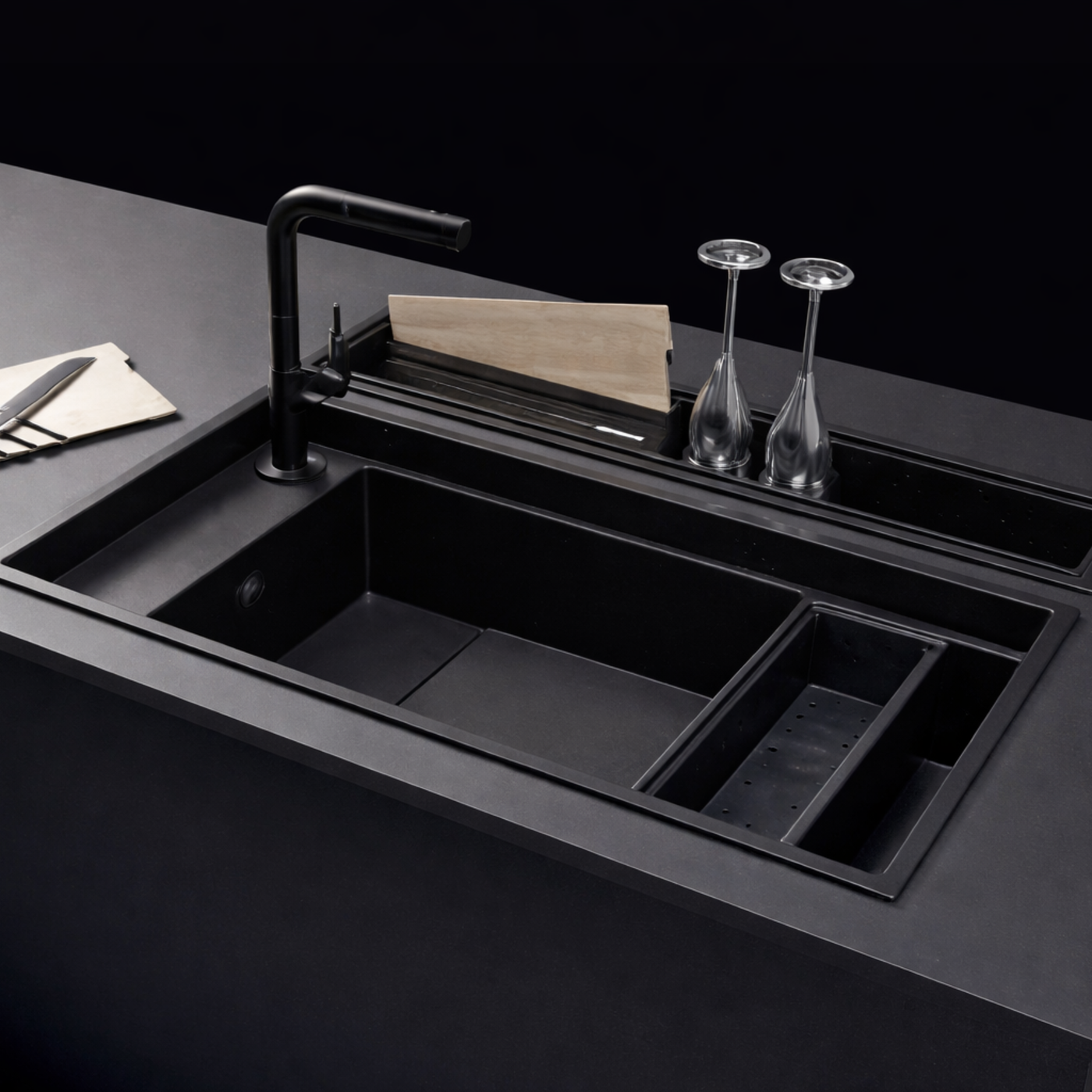 Évier granit noir intense Schock KURO 1 grand bac 1 égouttoir