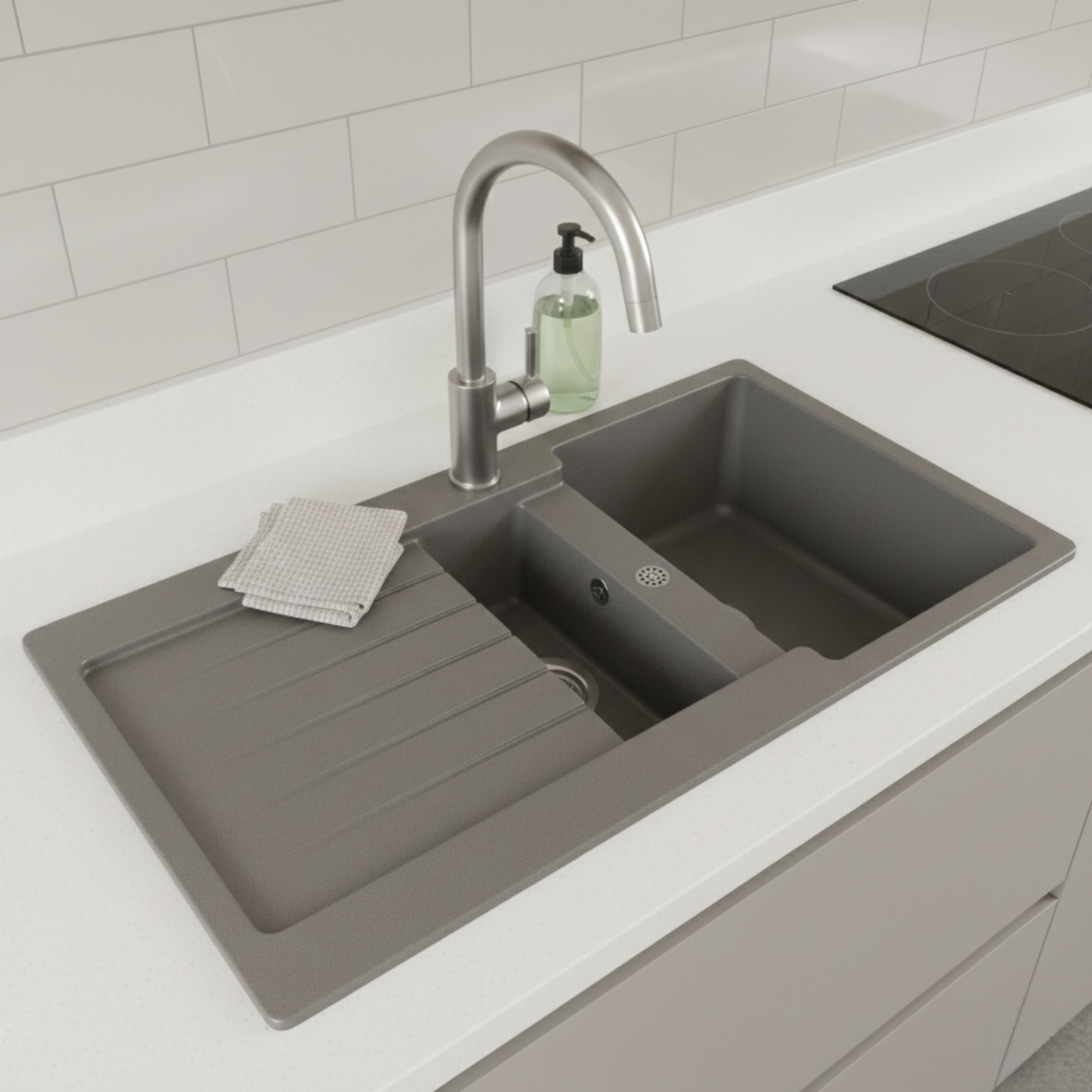 Évier granit gris béton Schock LEDIS 1 bac et demi - 1 égouttoir