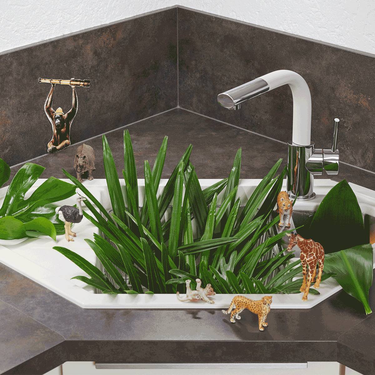 Évier d'angle granit blanc LOKTI 1 bac et demi - 1 égouttoir