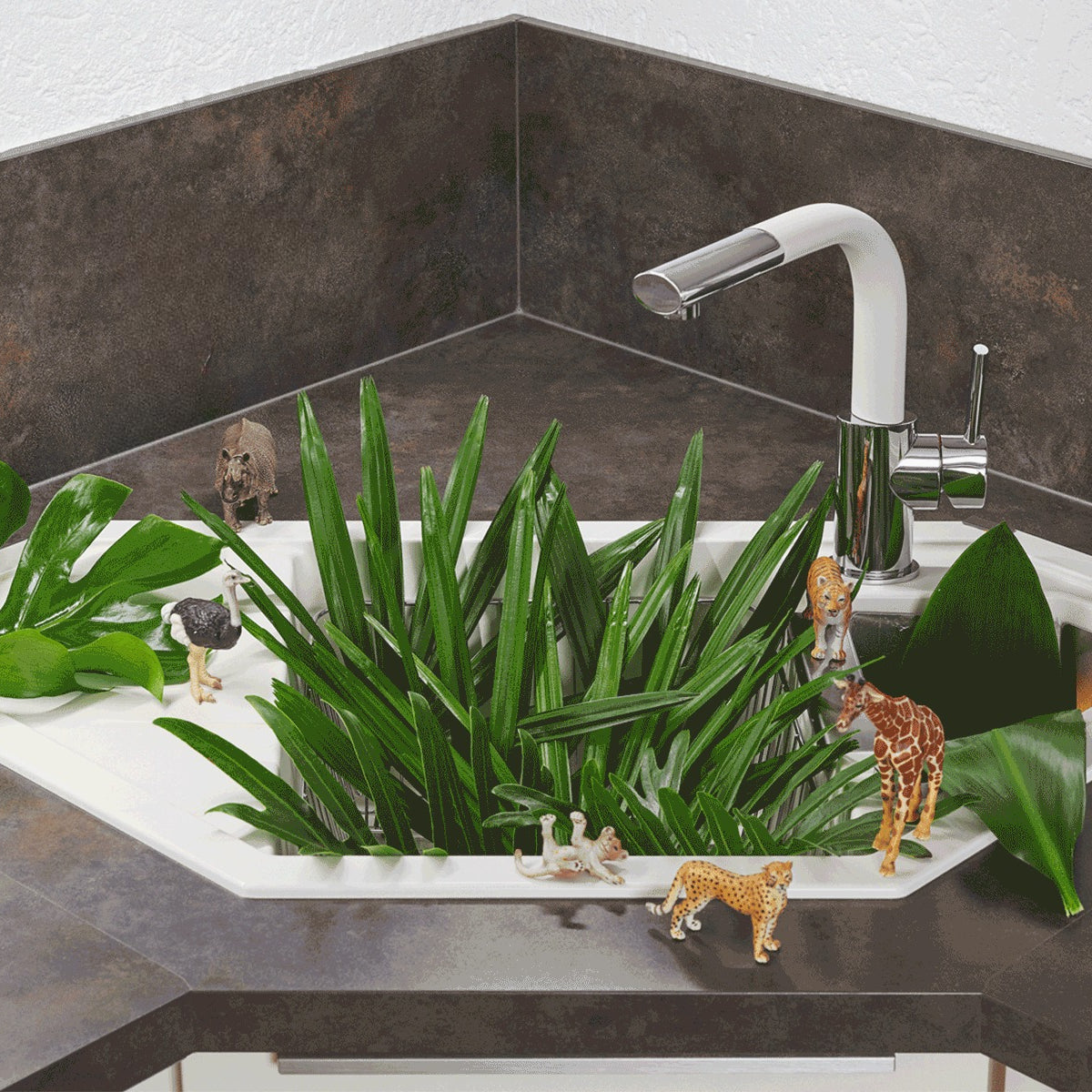 Évier d'angle granit blanc LOKTI 1 bac et demi - 1 égouttoir