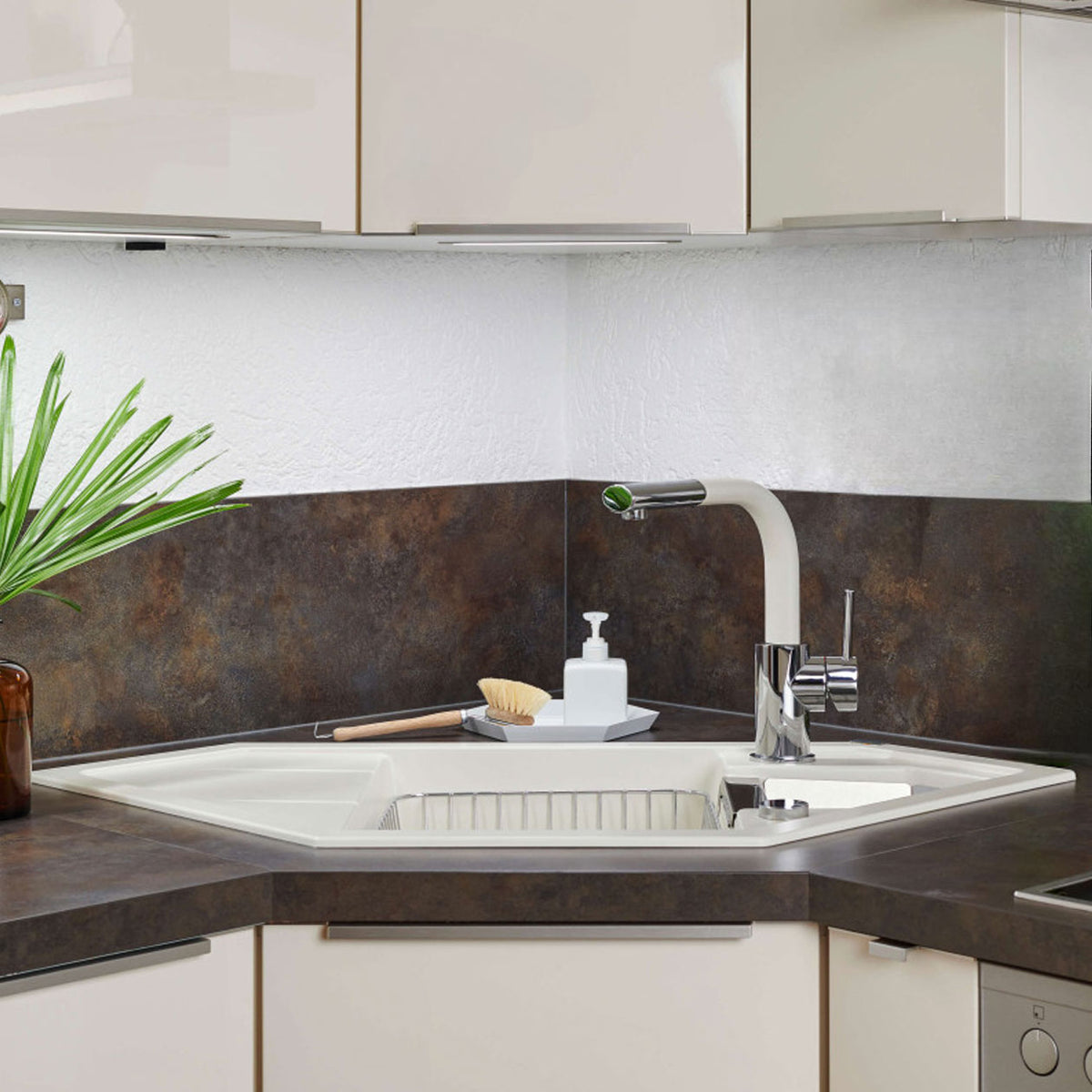 Évier d'angle granit blanc LOKTI 1 bac et demi - 1 égouttoir