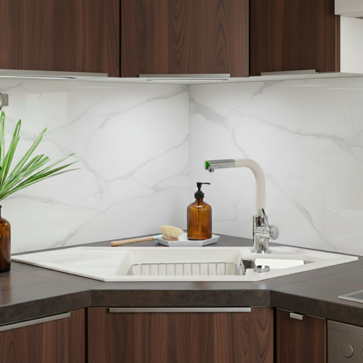 Évier d'angle granit blanc LOKTI 1 bac et demi - 1 égouttoir