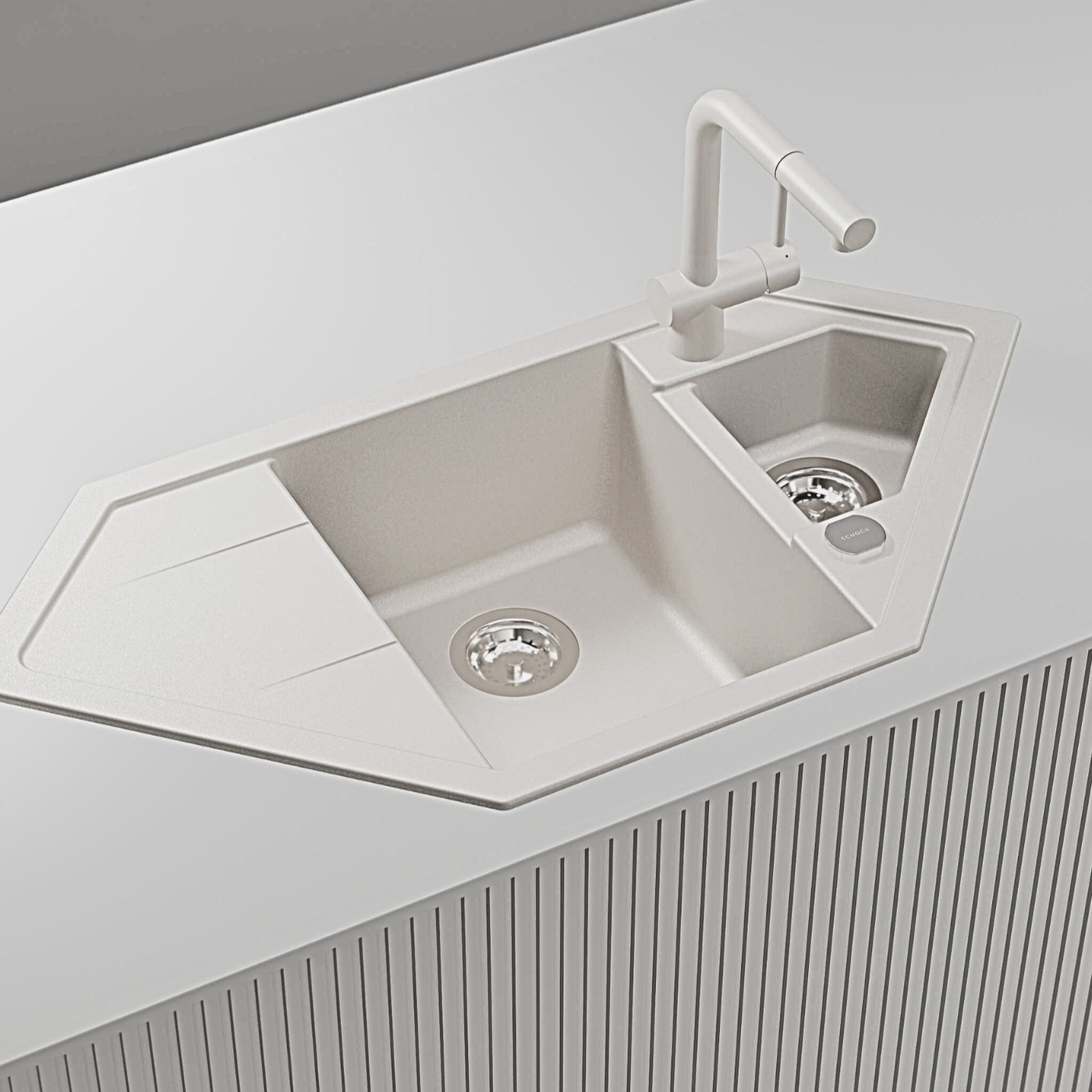 Évier d'angle granit blanc LOKTI 1 bac et demi - 1 égouttoir