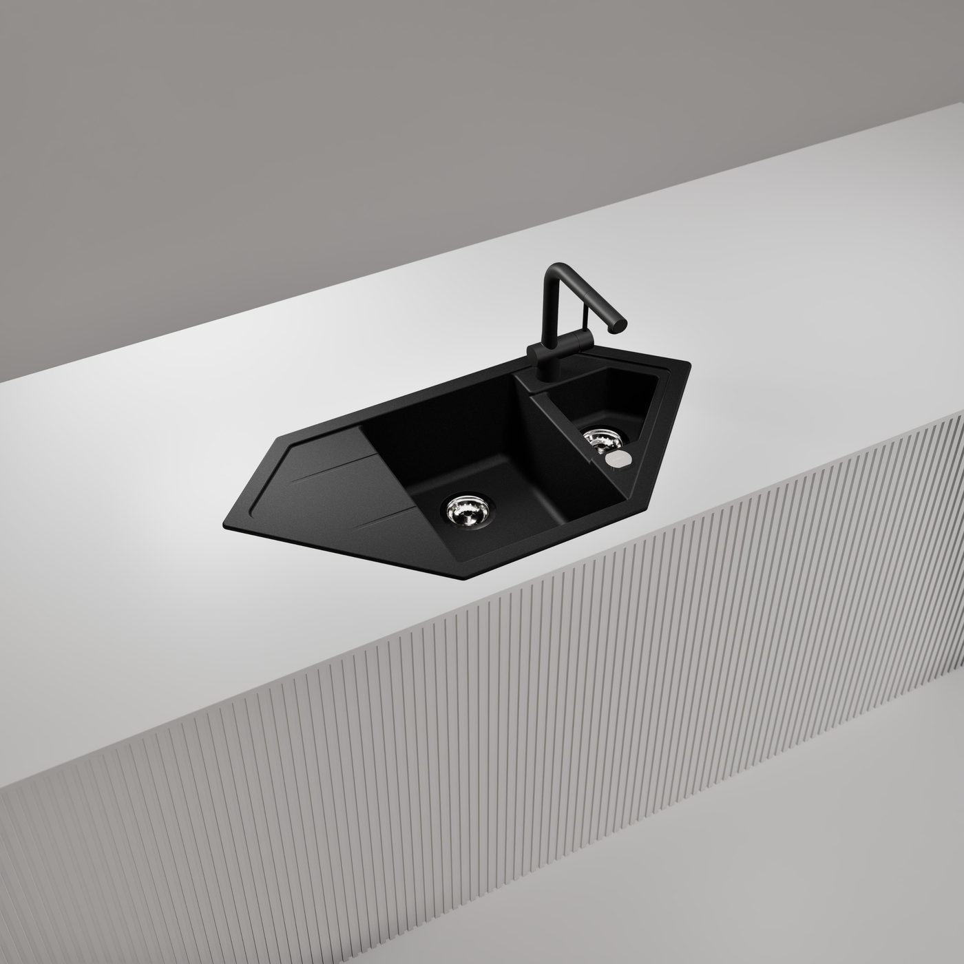 Évier d'angle granit noir LOKTI 1 bac et demi - 1 égouttoir