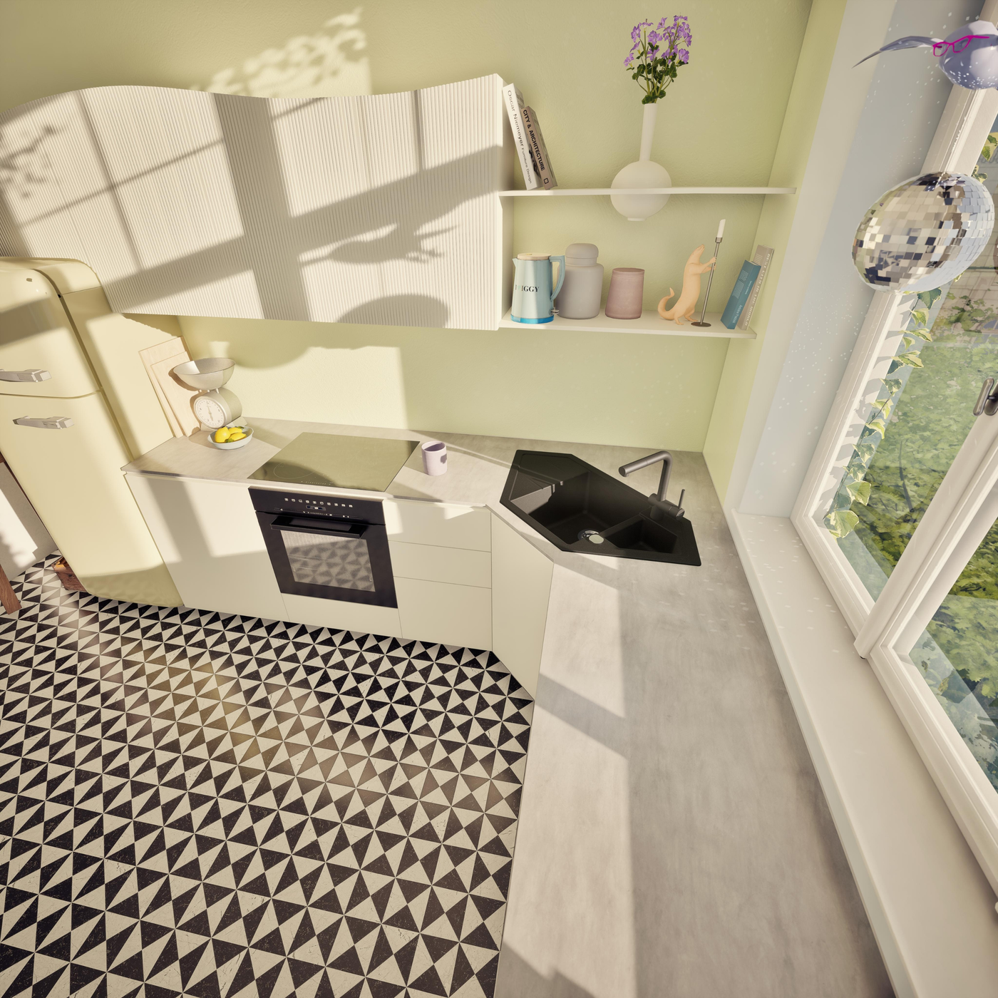 Évier d'angle granit noir LOKTI 1 bac et demi - 1 égouttoir