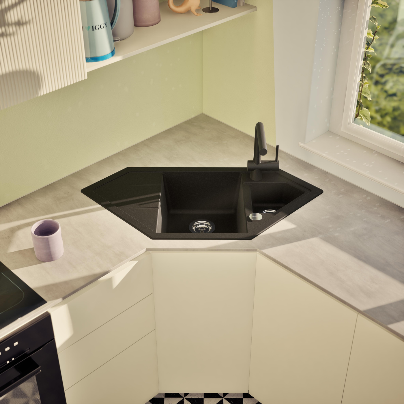 Évier d'angle granit noir LOKTI 1 bac et demi - 1 égouttoir