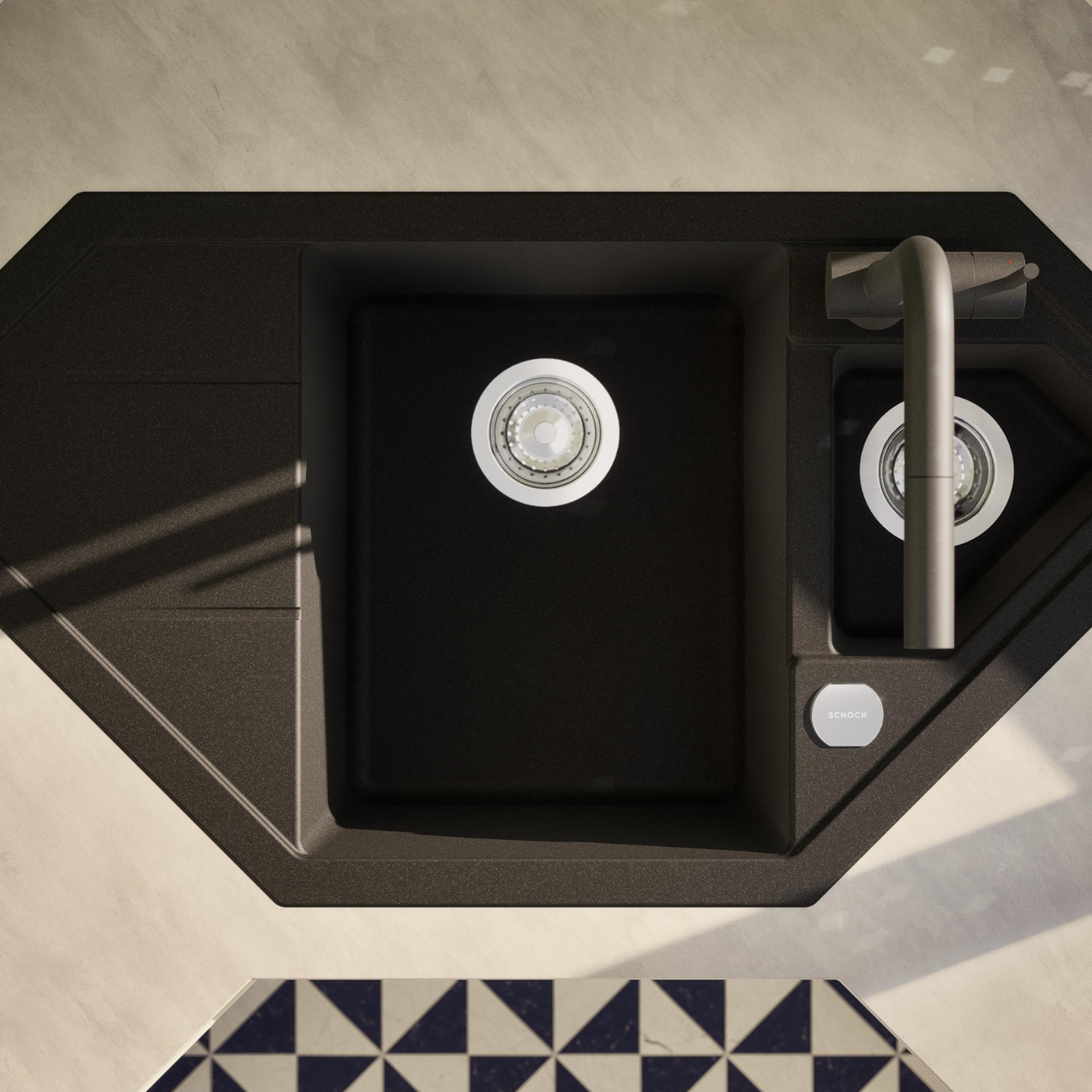 Évier d'angle granit noir LOKTI 1 bac et demi - 1 égouttoir