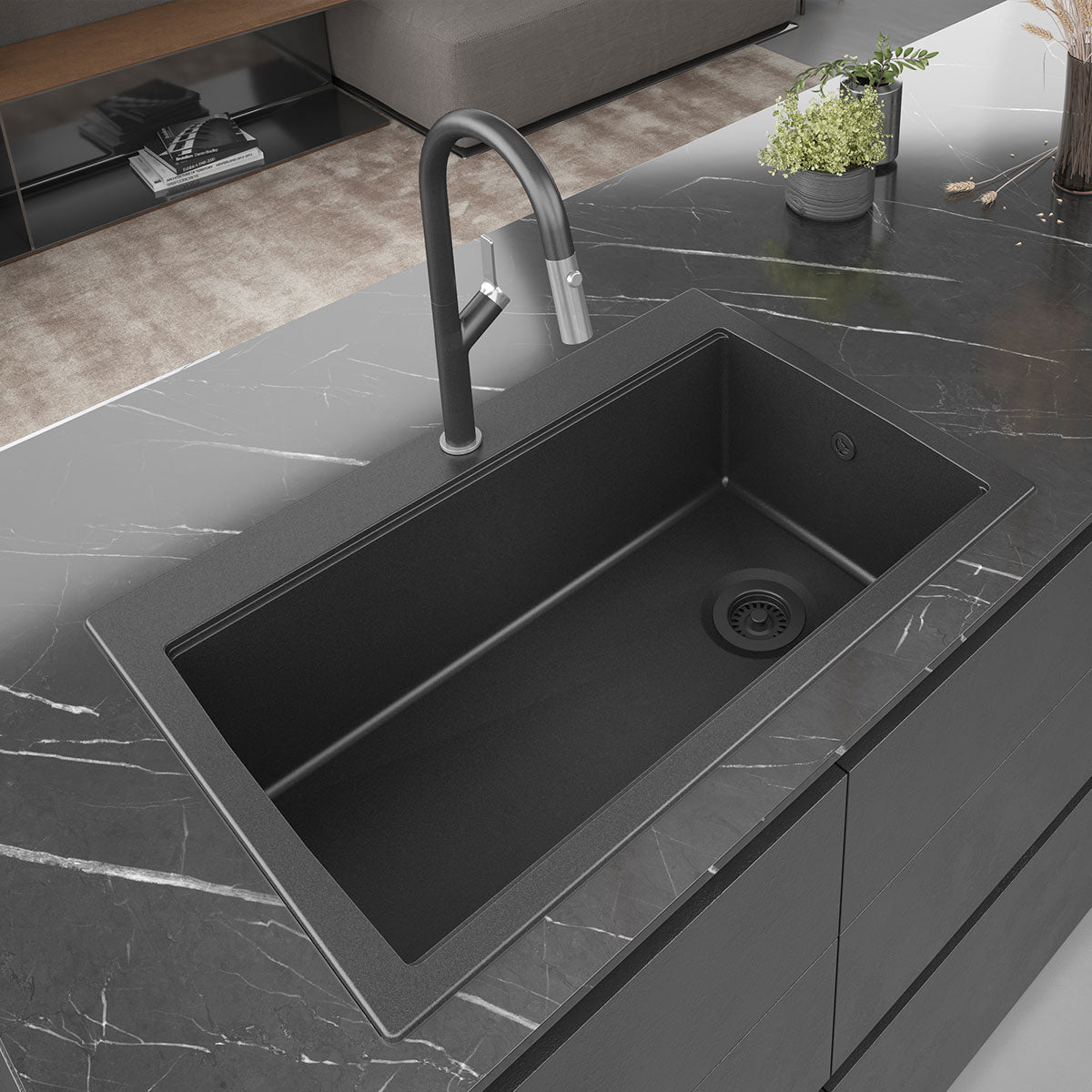 Evier granit Turtl Helika LARGUS noir 1 bac XL 840x560