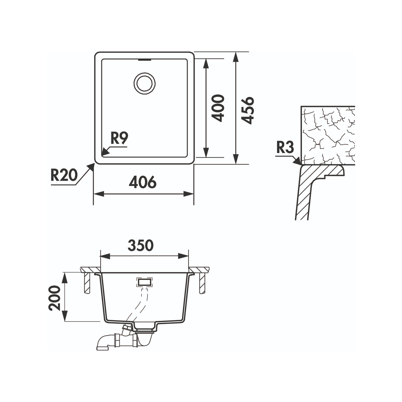 Évier sous-plan granit beige Luisina MAELLA 1 bac 406x456