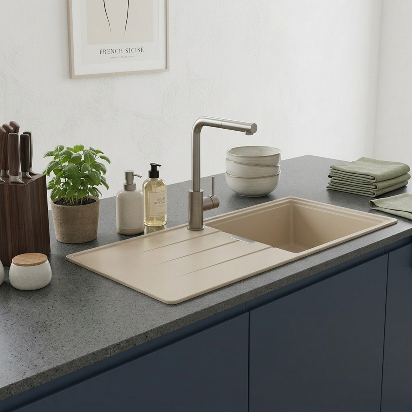Evier granit beige Luisina MAELLA 1 grand bac 1 égouttoir