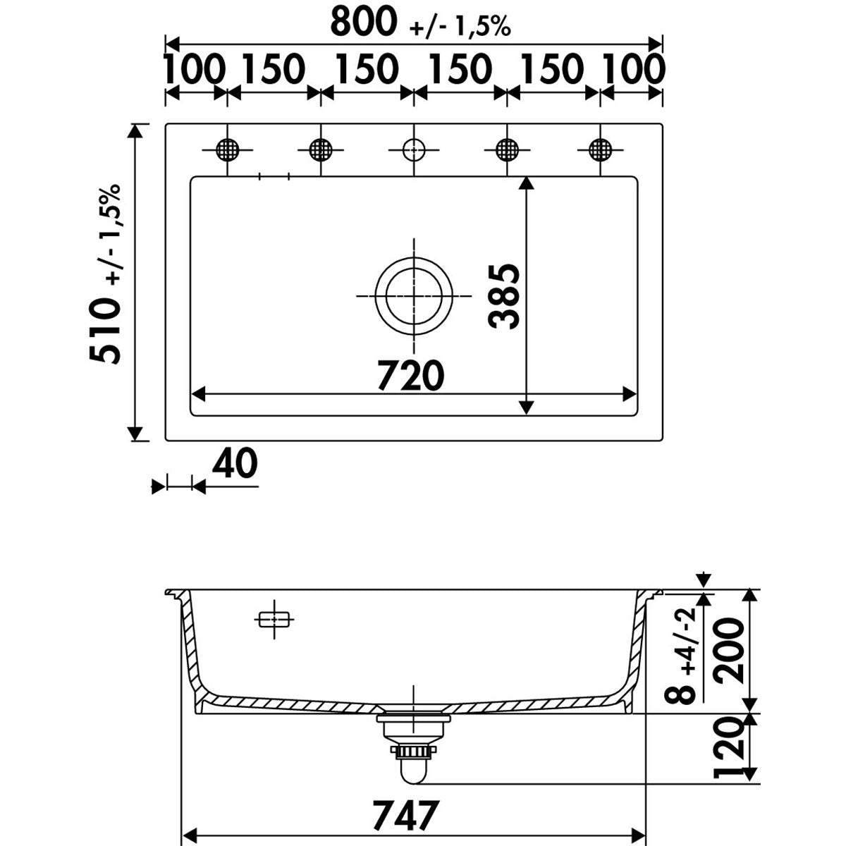 Évier céramique blanc brillant Systemceram MERA 1 bac 800x510 mm