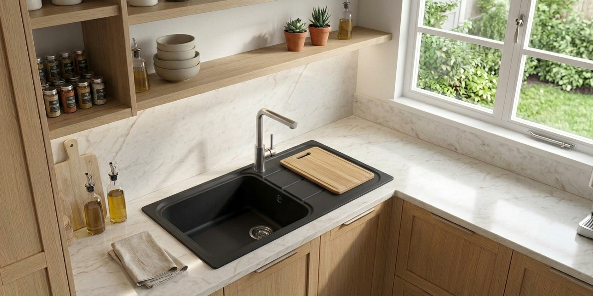 Évier granit noir Ewi OGLIO 1 grand bac 1 égouttoir, coloris intense et surface anti-rayures pour une cuisine très moderne.