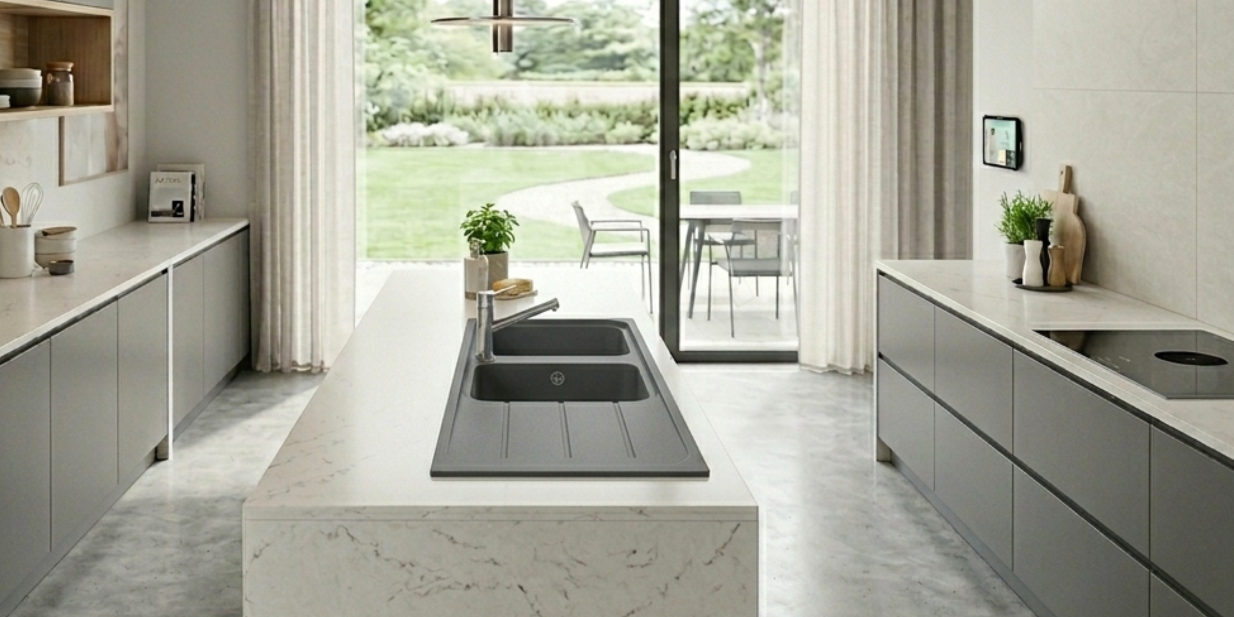 Évier granit gris Ewi OGLIO 2 bacs 1 égouttoir, double bac fonctionnel au coloris minéral sobre et très tendance.
