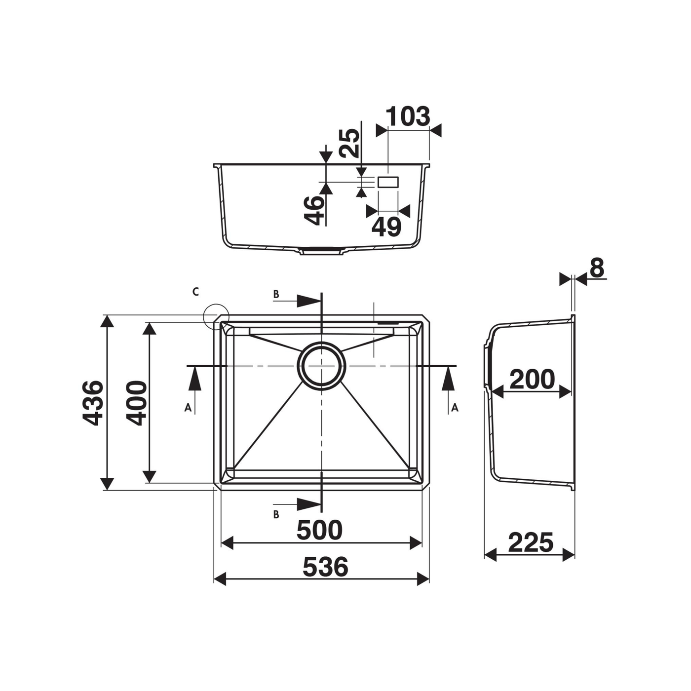 Évier sous-plan granit full noir Luisina PAQUITA 1 bac 536x436